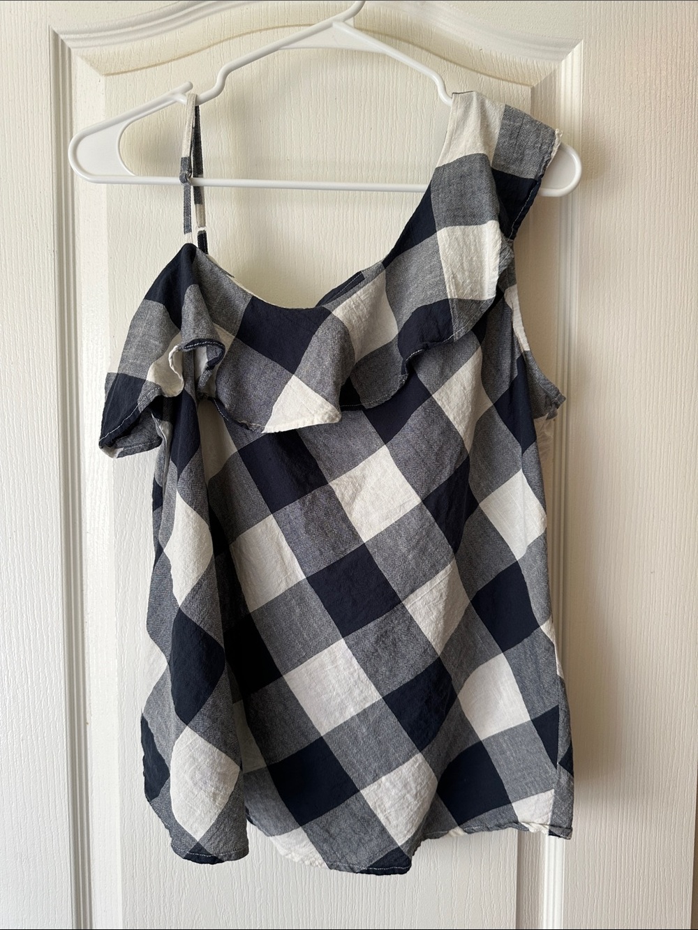 Women’s One-Shoulder Ruffle Check Blouse - Black & White